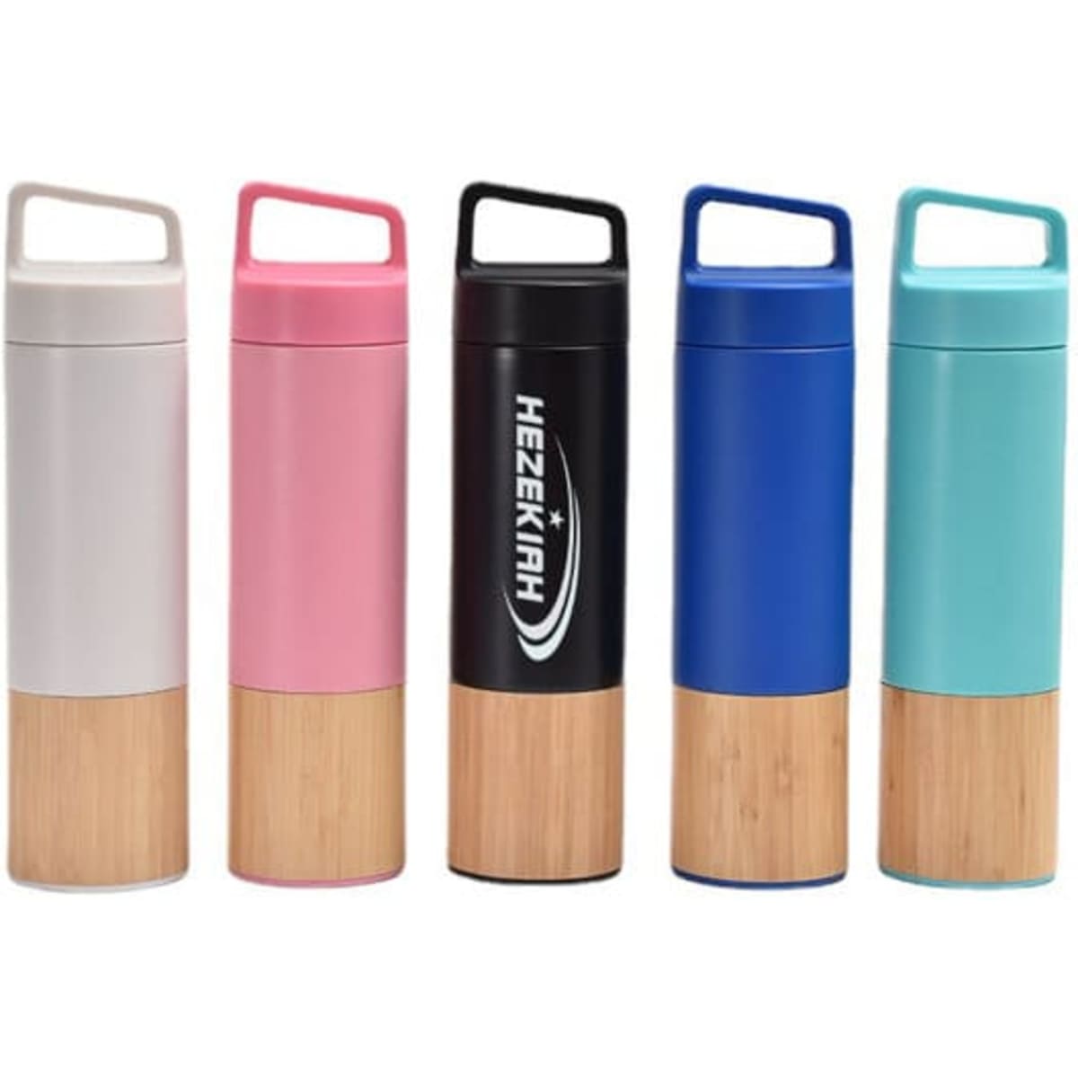 A drink bottle collection featuring various colours: white, pink, blue, and turquoise, with a wood grain non-slip bottom.