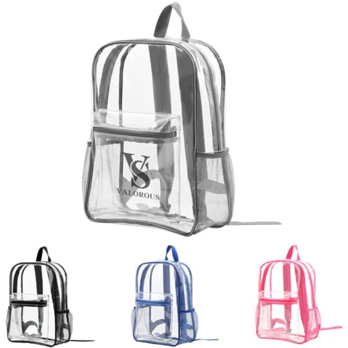 A transparent backpack featuring black, blue, pink, and grey colour options, with a front pocket and shoulder straps.