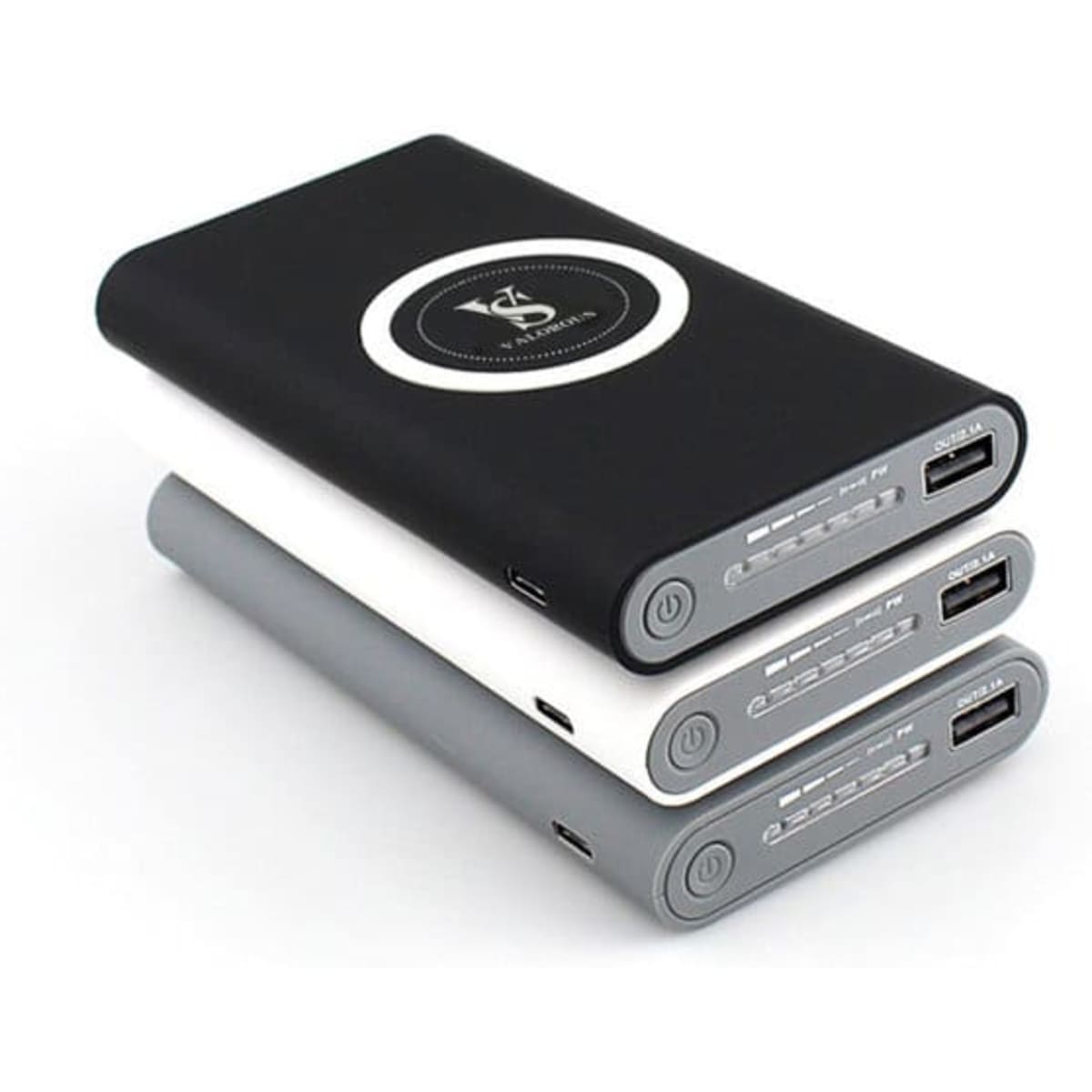 A wireless charging mobile power bank in black, grey, and white, featuring a logo and multiple USB ports.