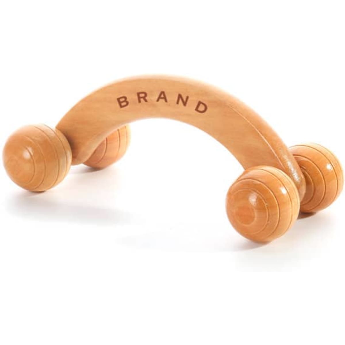 A wooden handheld massager with four rounded ends, featuring a logo on the arch. The product is light brown in colour.