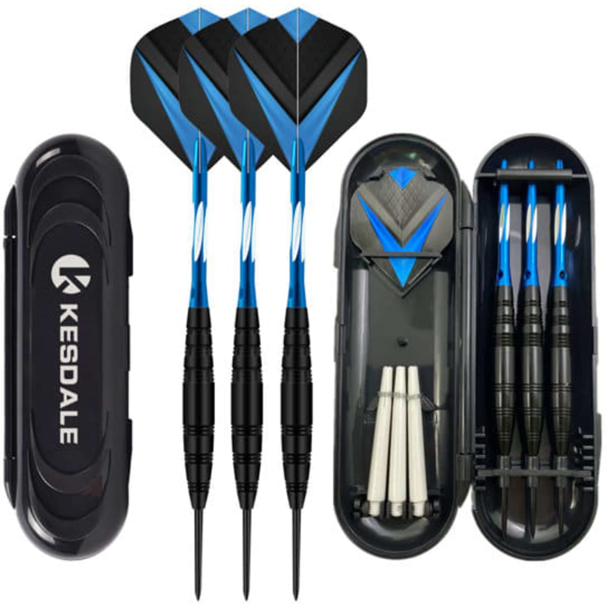 A dart set featuring three black and blue darts with a carrying case, including spare tips and a logo.