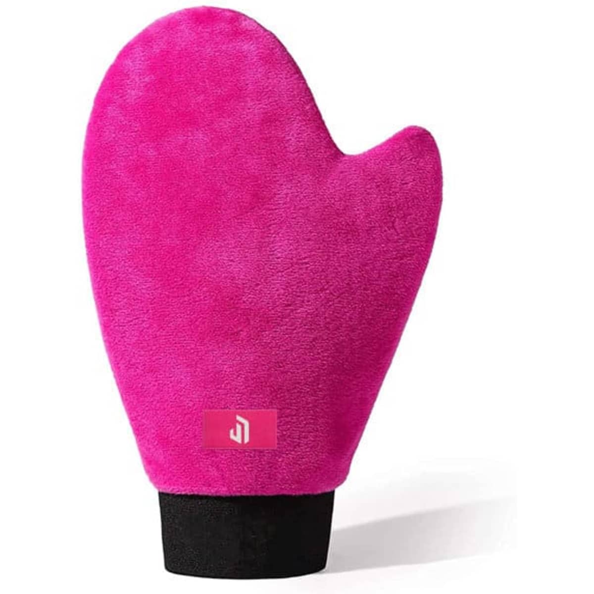 A pink self tanning mousse mitt with a soft, plush texture and a black base, featuring a branding logo.