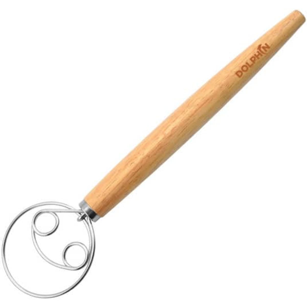 A stainless steel dough mixer stick with a wooden handle and a circular wire whisk end, featuring a logo.