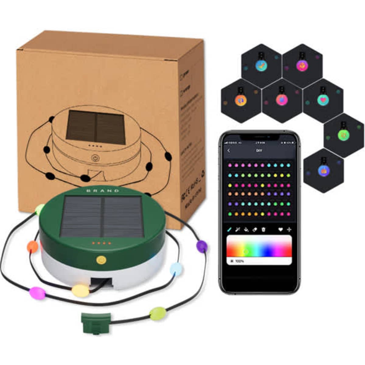 A solar camping string light in green with multicoloured bulbs, packaged with a smartphone for colour control.