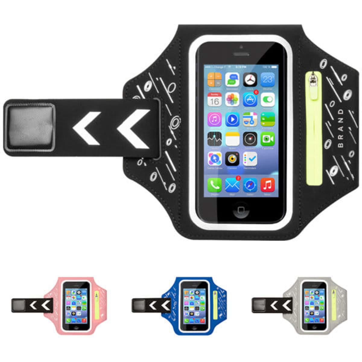 A black touch screen running arm bag with a clear pocket for a smartphone and a logo. Available in pink, blue, and black.