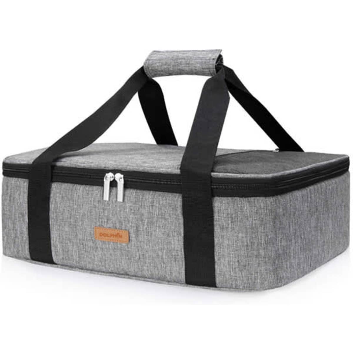 A grey insulated lunch bag with black straps and a zip closure, featuring a branding label on the front.