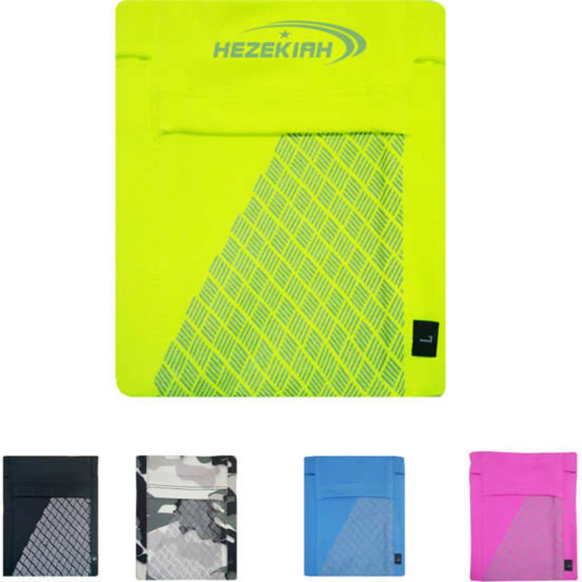 A bright yellow running arm bag with a patterned design, featuring a logo. Includes variants in black, camouflage, blue, and pink.