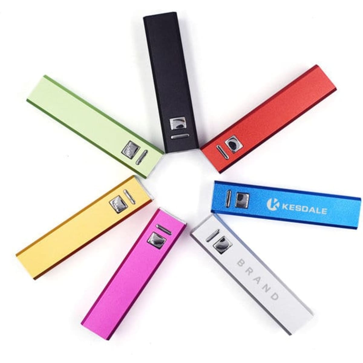 A selection of colourful square tube power banks in green, yellow, pink, red, blue, black, and silver, with various logos.
