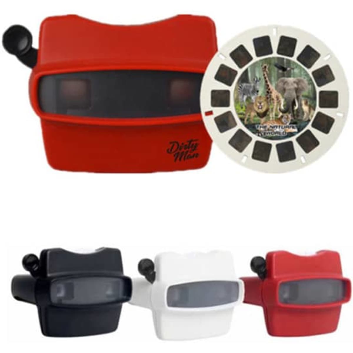 A red 3D viewer with a reel featuring various images, accompanied by black, white, and another red viewer option.