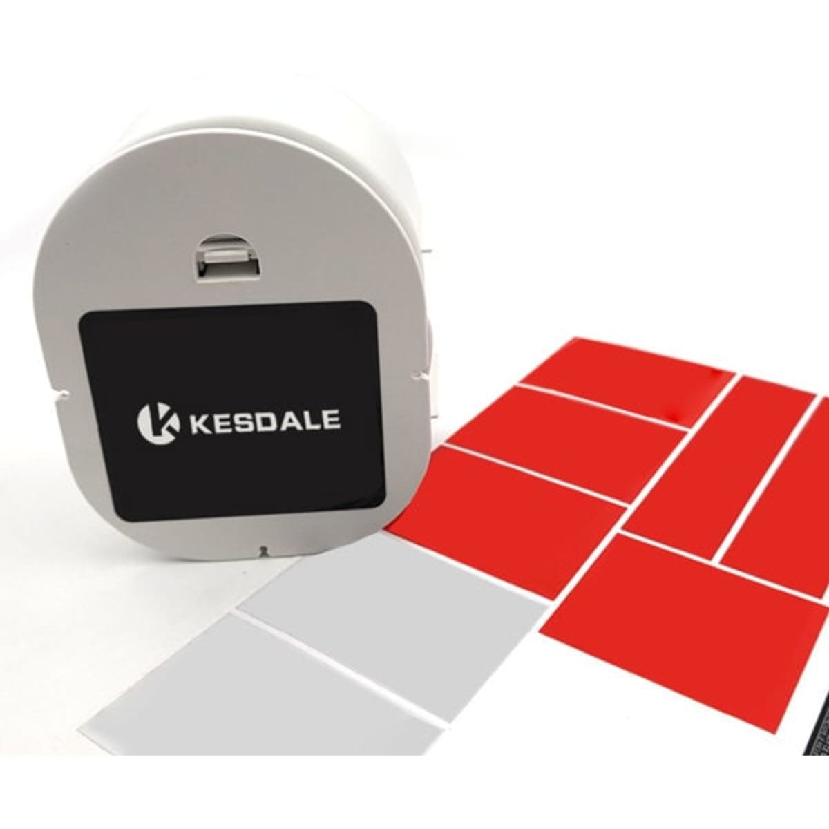A roll of custom self-adhesive silver stickers in red and silver with a branding logo on the dispenser.