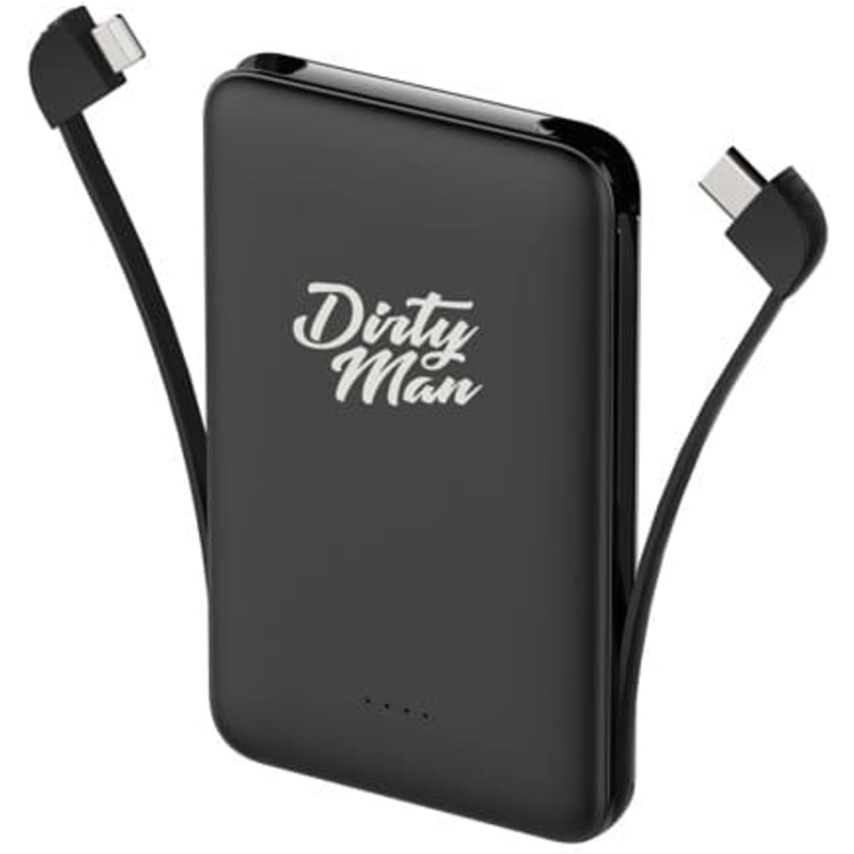 A black portable power bank with integrated cables and a logo on the front.