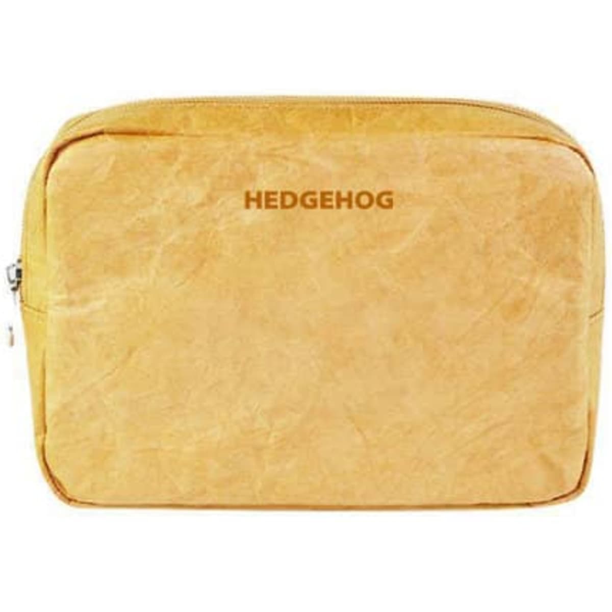 A yellow waterproof cosmetic bag with a zip closure and a logo on the front. Suitable for toiletries and accessories.