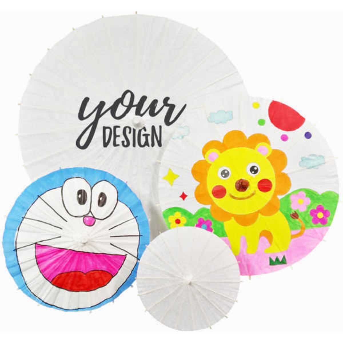 A set of three DIY blank paper umbrellas featuring a white background, with a lion and cartoon character designs.
