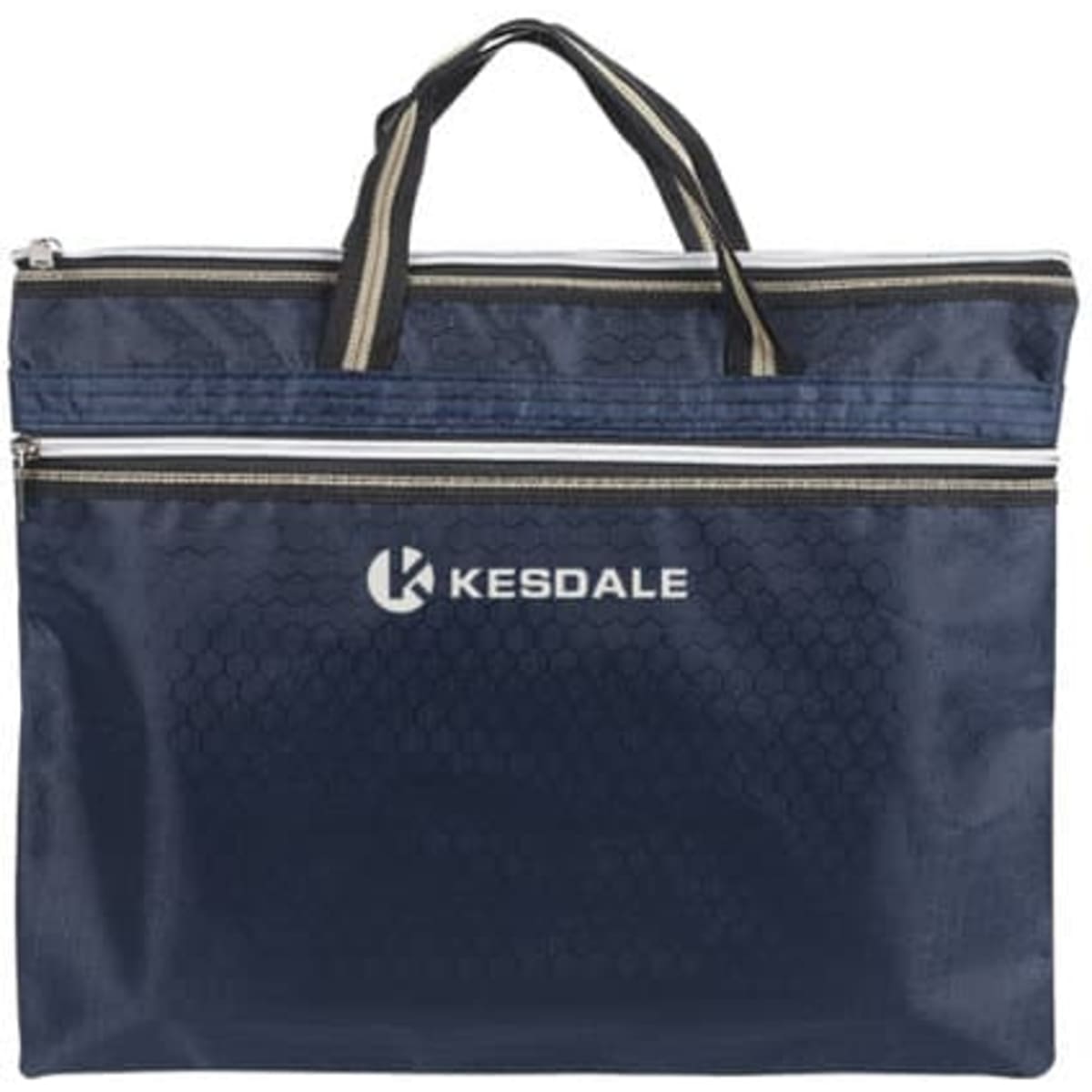 A navy document bag with a handle and zipper, featuring a logo on the front.