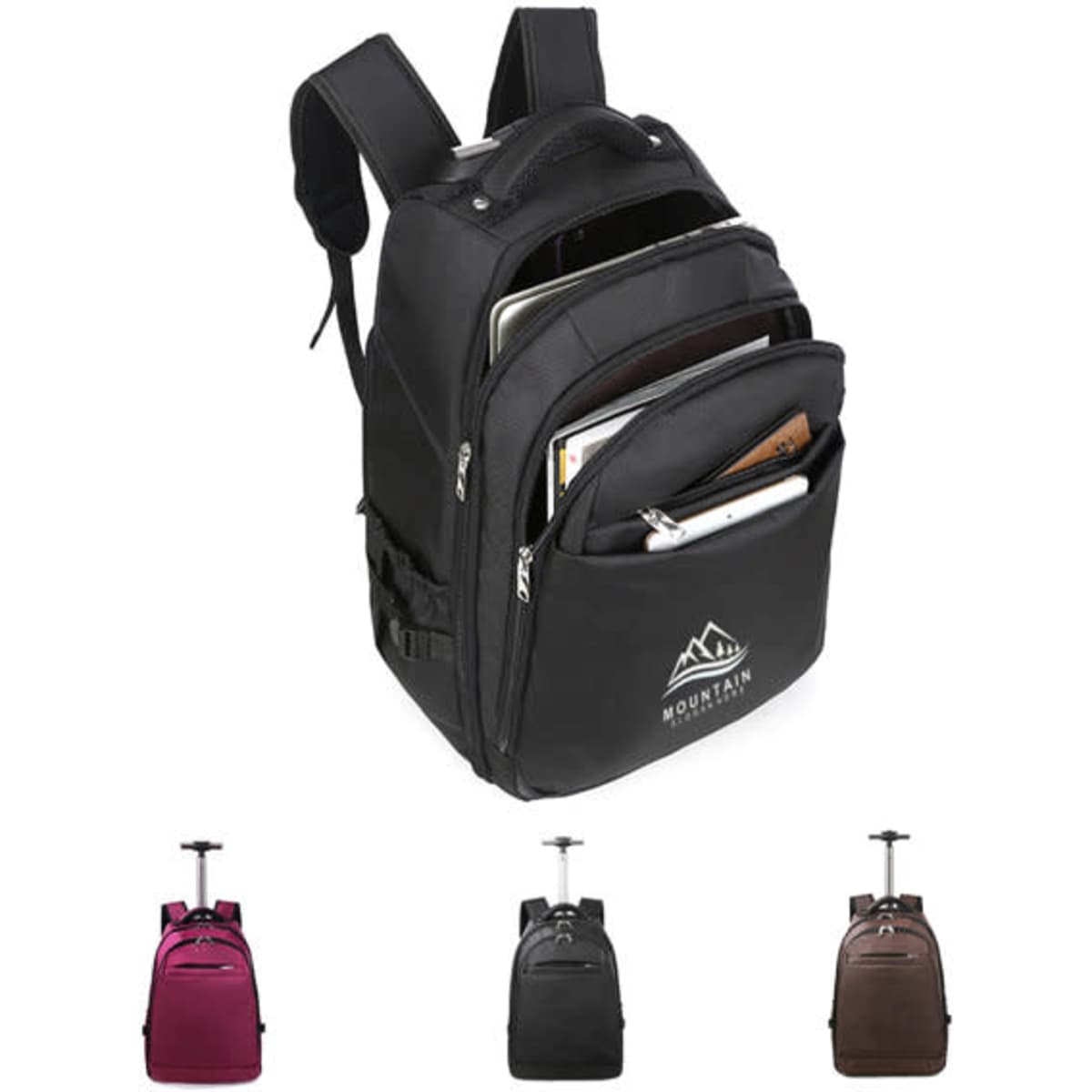 A wheeled laptop travel suitcase in black with multiple zippered compartments and a retractable handle.