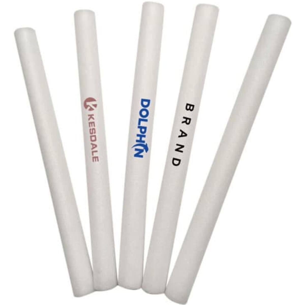 Five custom LED foam sticks in white, featuring various logos printed on them. They are cylindrical and bright.
