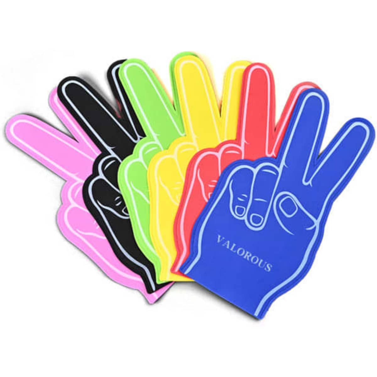 A set of EVA foam cheering fingers in pink, black, yellow, green, and blue, featuring a peace sign design.