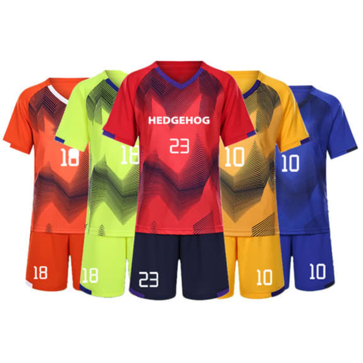 A set of custom football jerseys in red, orange, green, yellow, and blue, featuring various numbers and a logo.