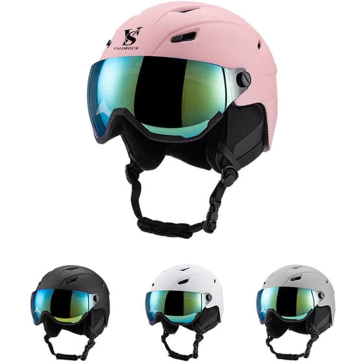 A pink ski helmet with a large reflective lens, accompanied by black, white, and grey helmets with similar lenses.