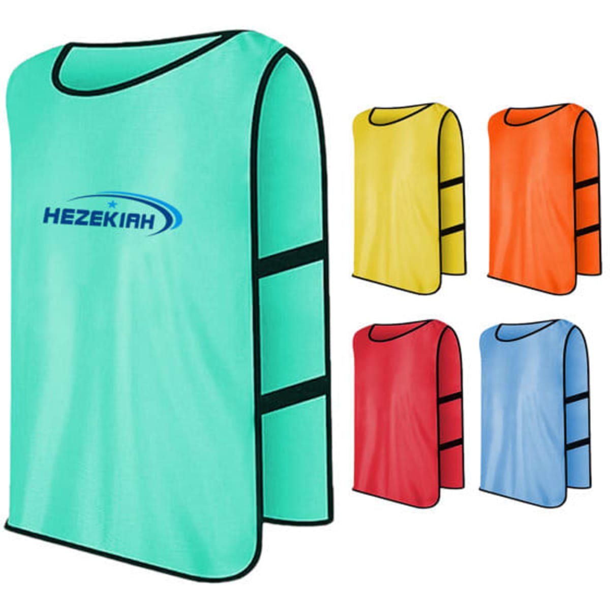 Polyester football team training vests in various colours: mint green, yellow, orange, red, and blue; each features a logo.