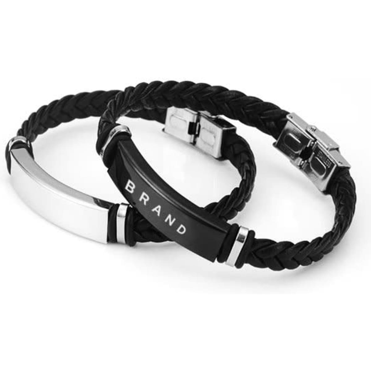 Two black woven wristbands with stainless steel clasps, featuring a logo on one of the clasps.