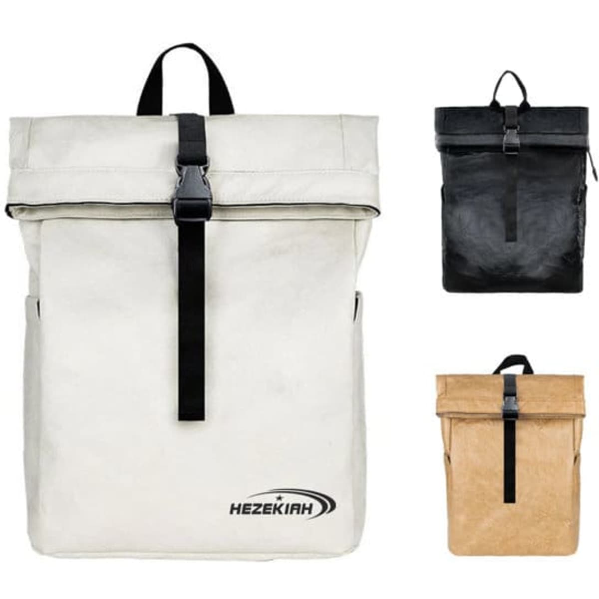 A roll-top backpack in beige, black, and a light tan, featuring a front buckle and a logo.