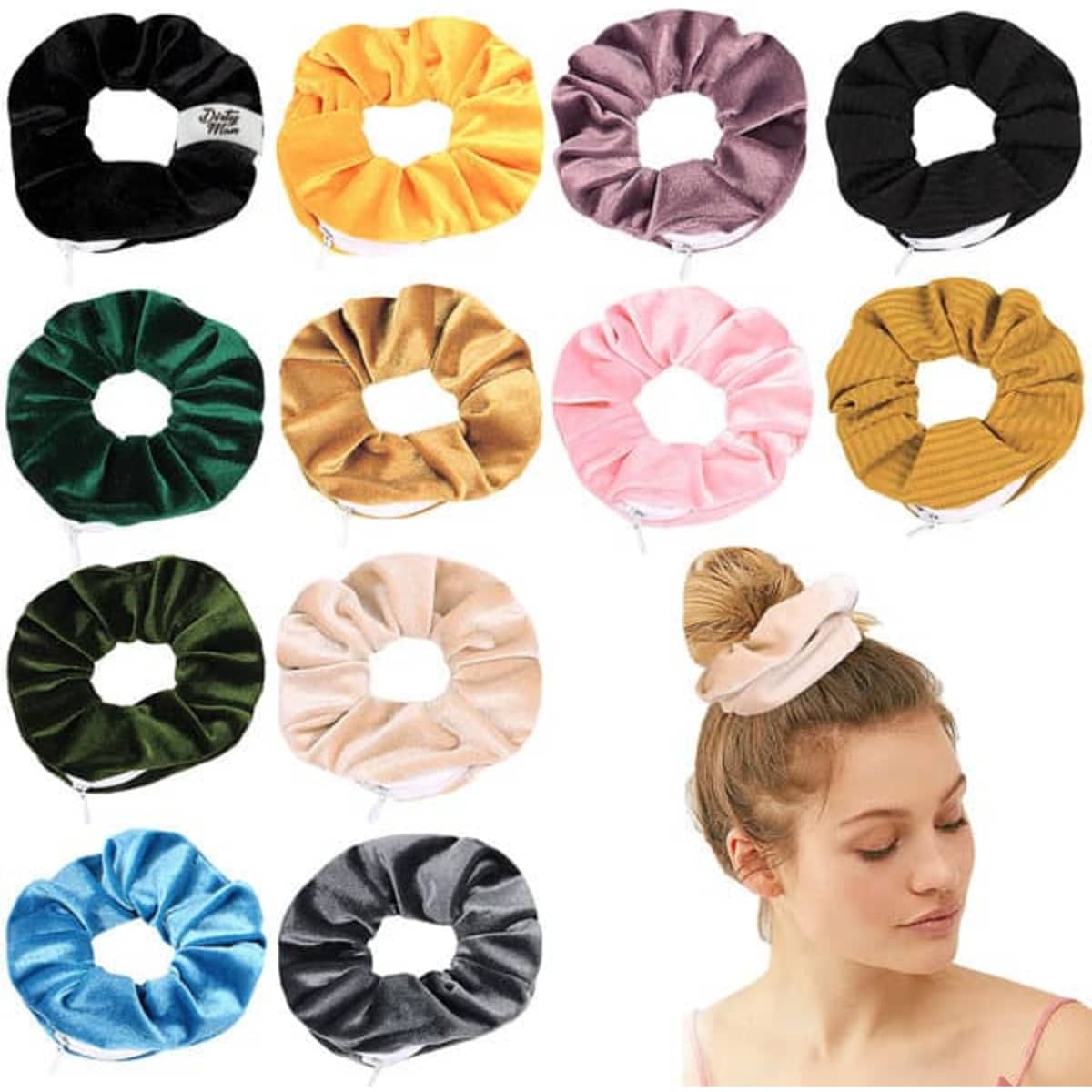 A collection of velvet hair scrunchies in various colours, featuring a zipper pocket. One scrunchie is worn by a model.