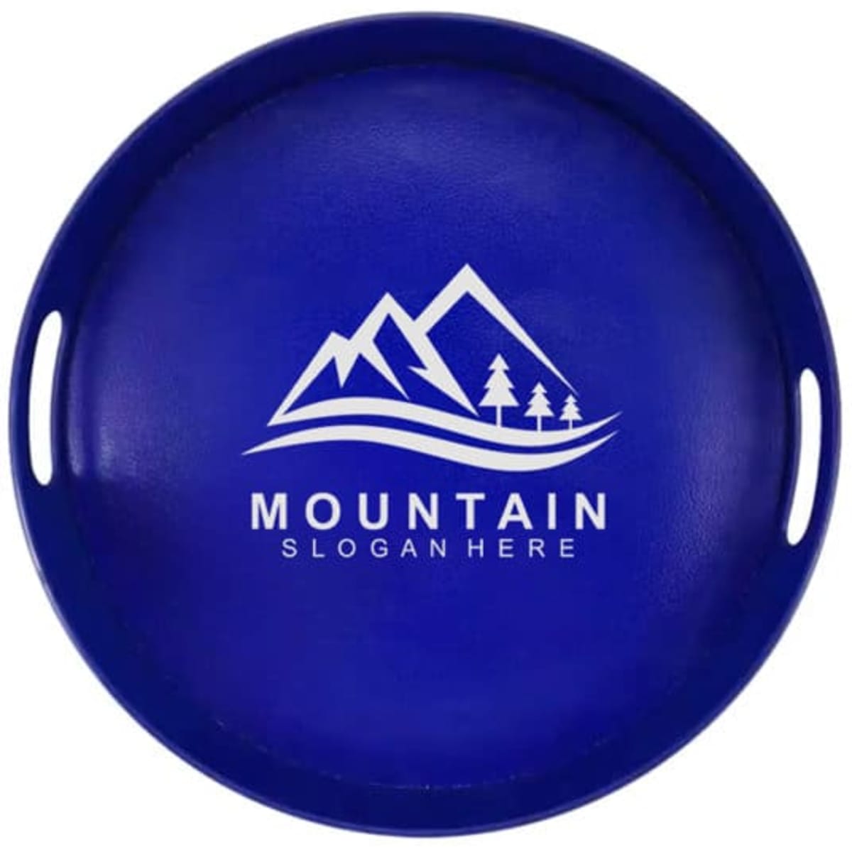 A round blue serving tray with handles featuring a mountain design and a logo. Suitable for home use.