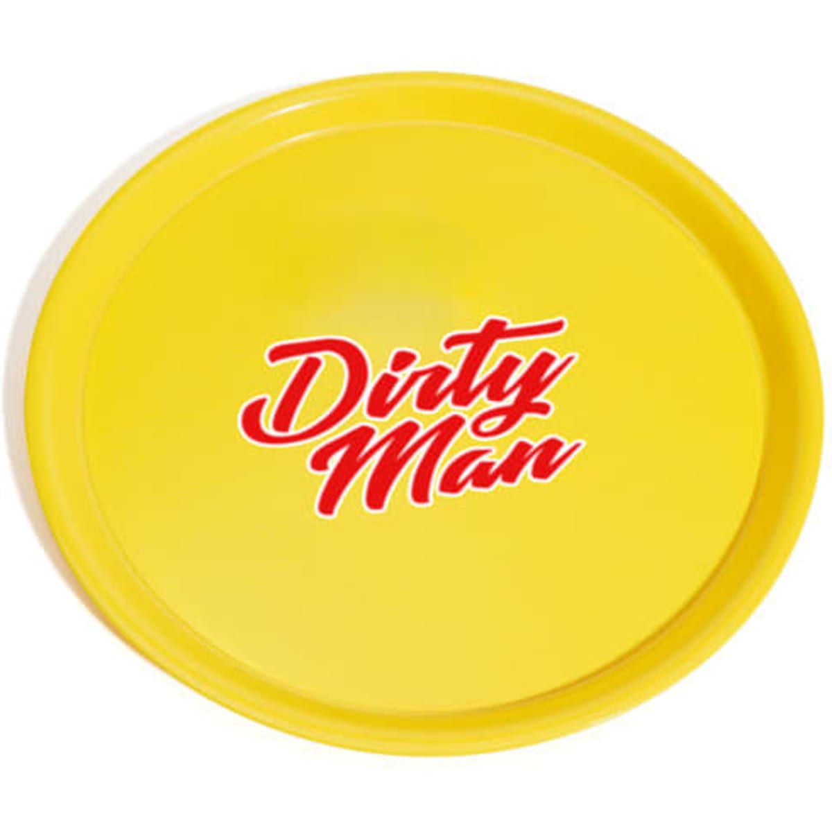 A yellow plastic serving tray featuring a logo in red text. The tray has a smooth surface and a round shape.
