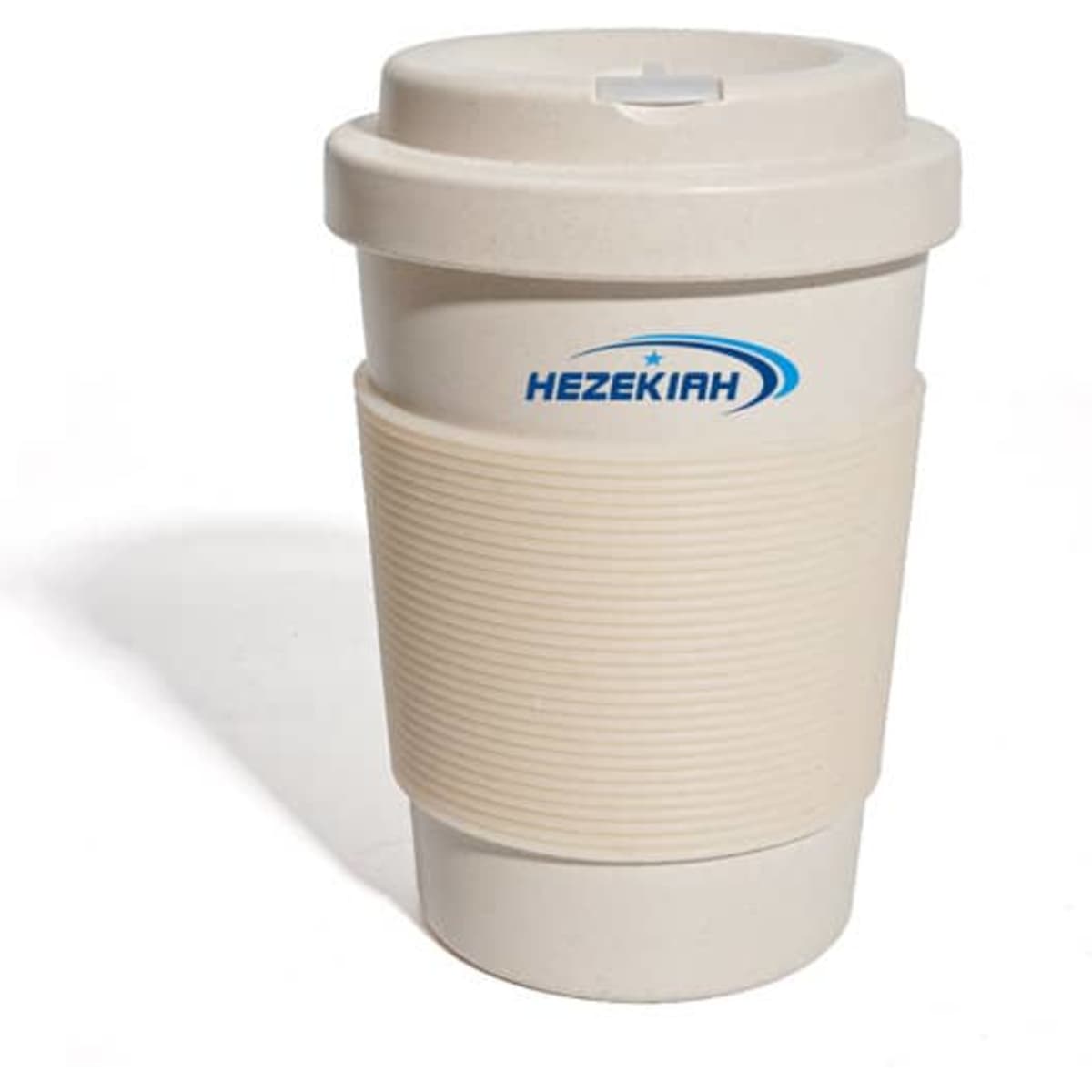 A cream-coloured non-slip coffee cup with a textured sleeve and a lid, featuring a logo.