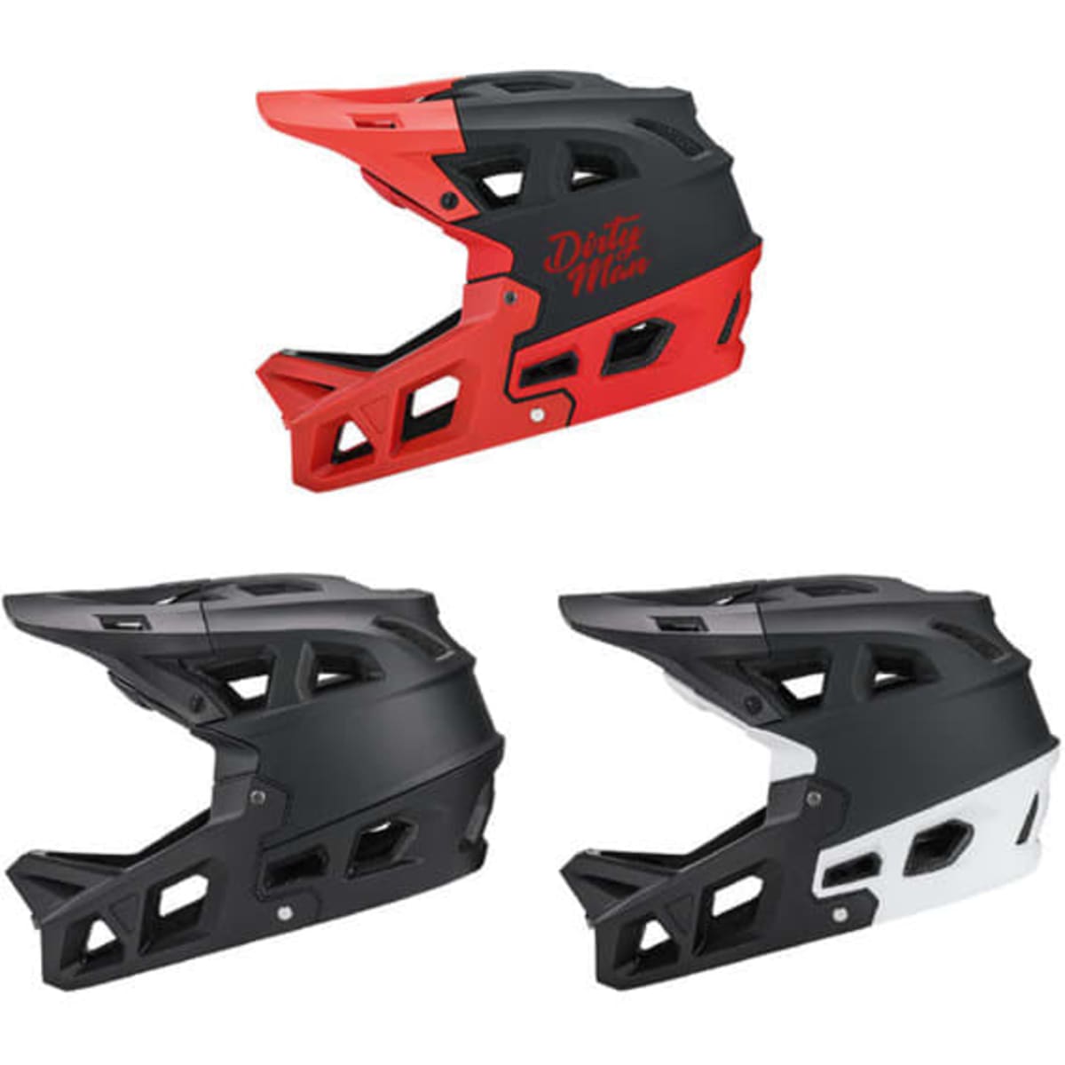 A set of adult motocross helmets in black, red, and a combination of black and white, with a logo on each.