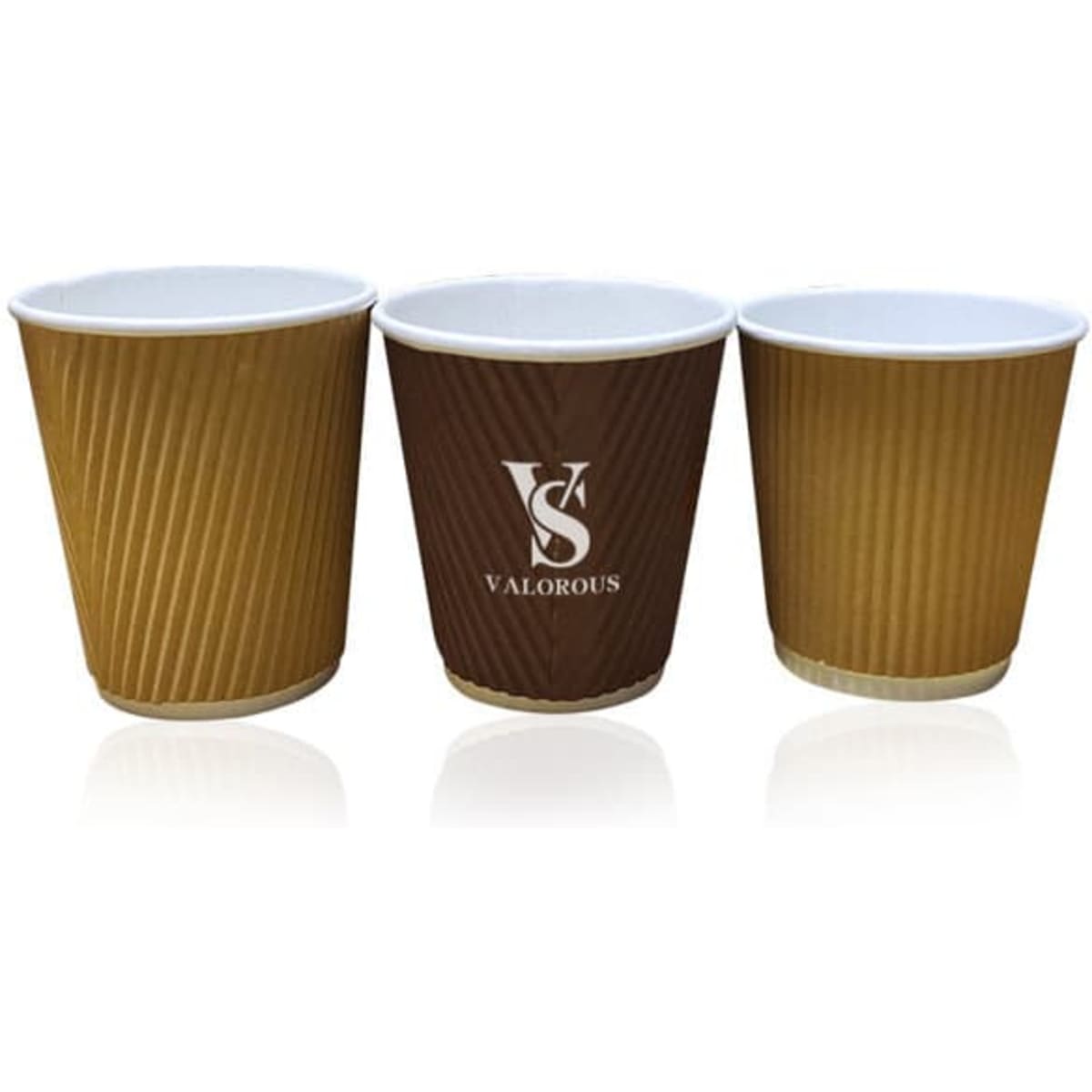 A set of three disposable corrugated paper coffee cups in brown and cream, featuring a logo on one cup.