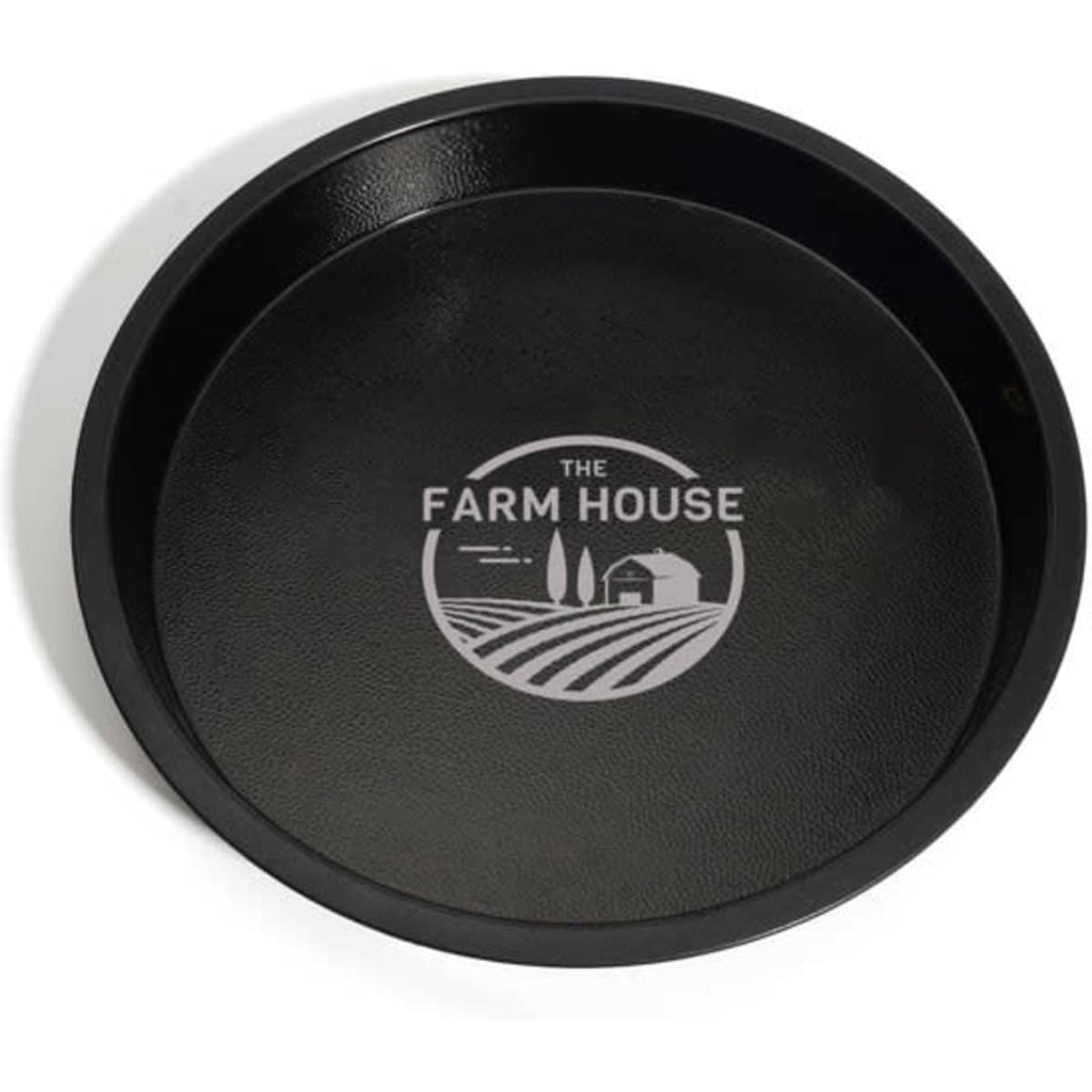 A round black plastic non-slip wine serving tray featuring a logo in the centre.