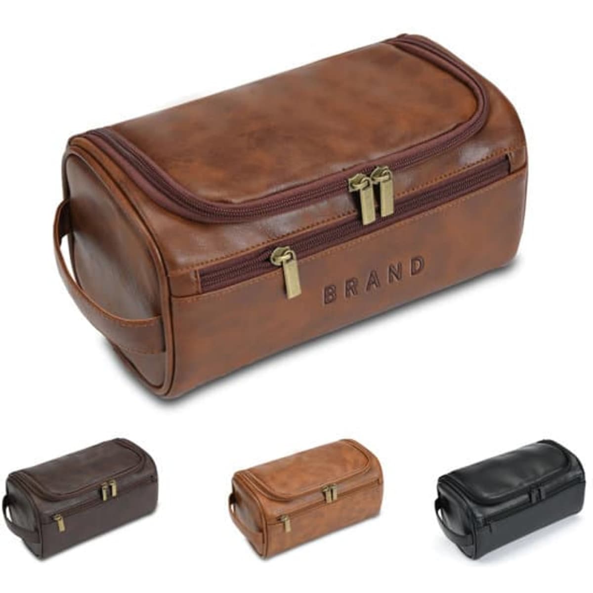 A portable PU leather toiletry bag in brown, featuring a zip closure and a branded logo on the front.