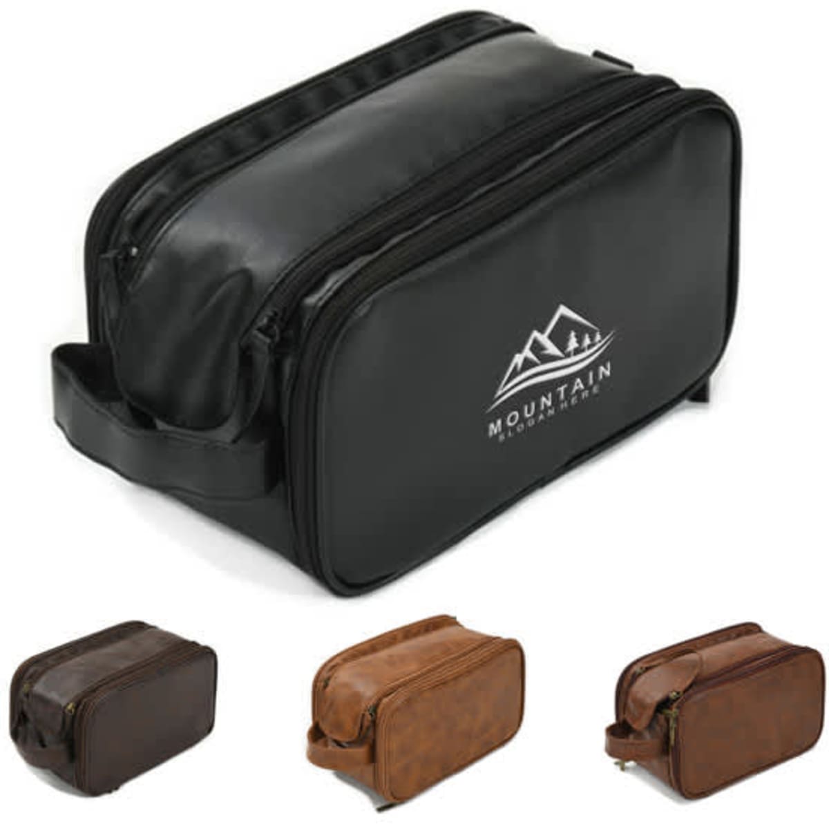 A black PU leather hanging toiletry bag with a logo, alongside brown and tan versions.