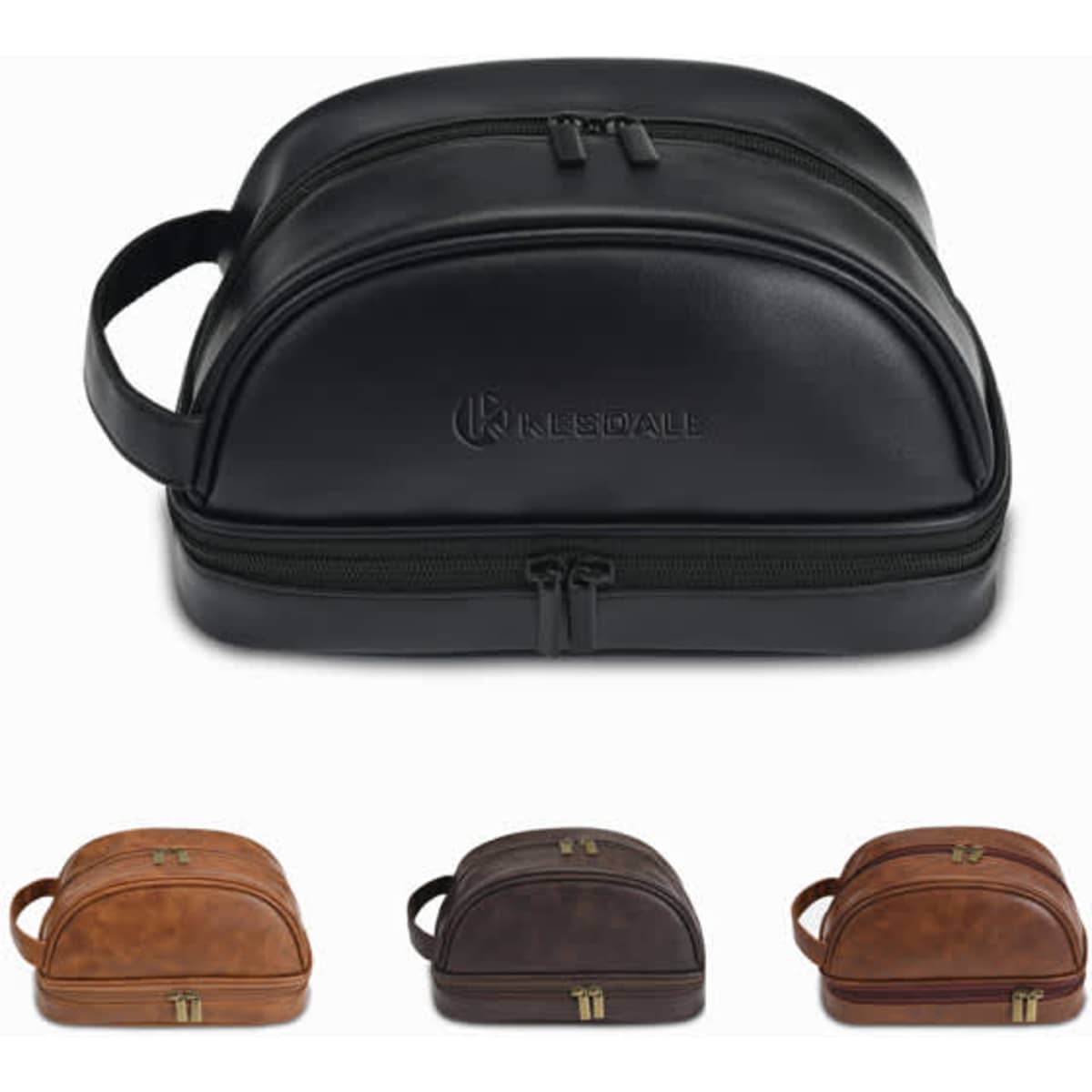 A black PU leather travel toiletry bag with dual zip compartments, accompanied by brown and tan versions.