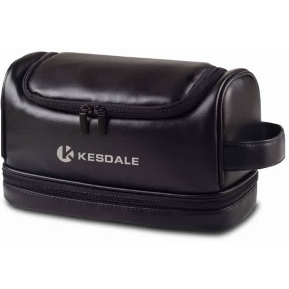 A black PU leather multifunctional toiletry bag with a zip closure and a side handle, featuring a logo.
