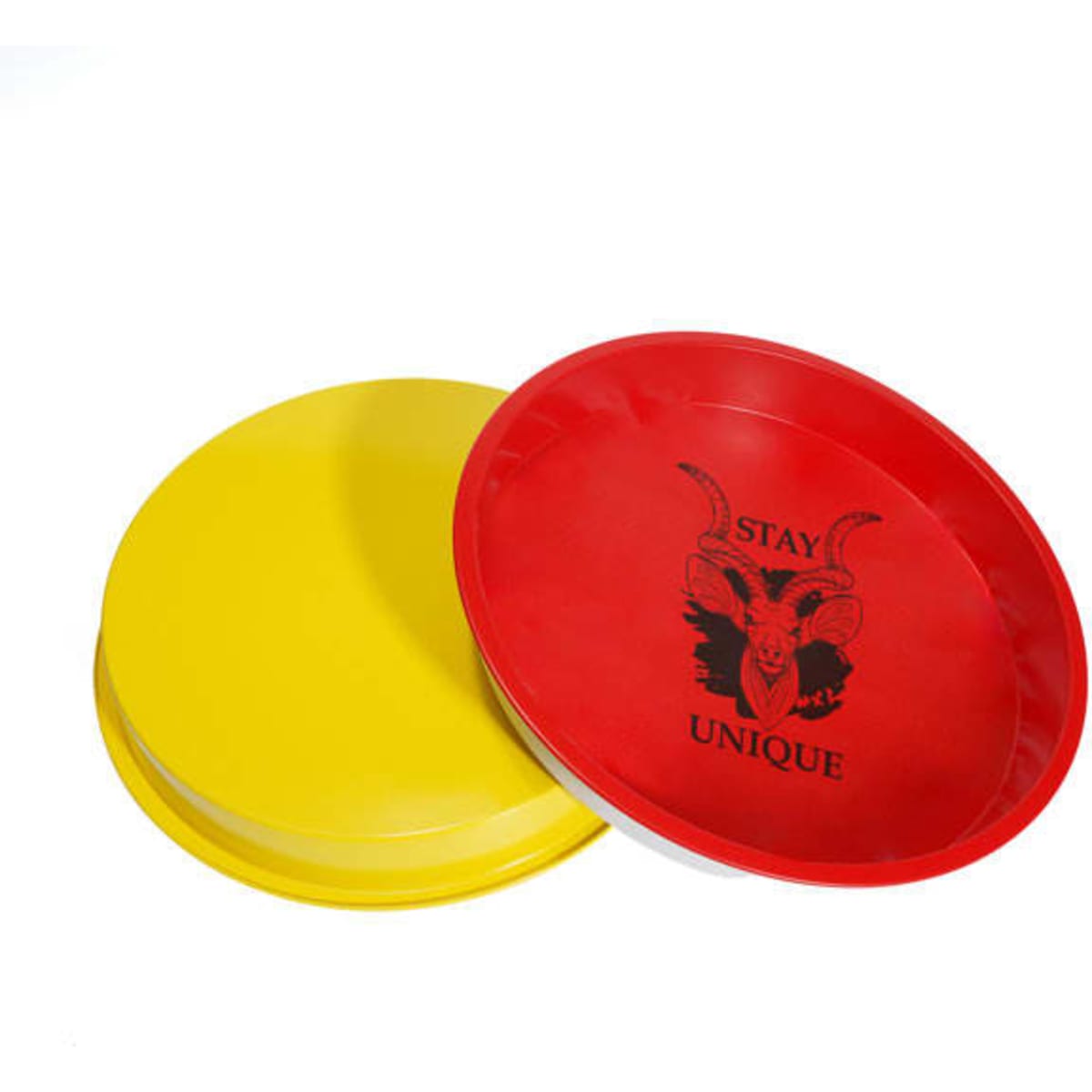 A round serving tray in red and yellow, featuring a logo in the centre and a rimmed edge.
