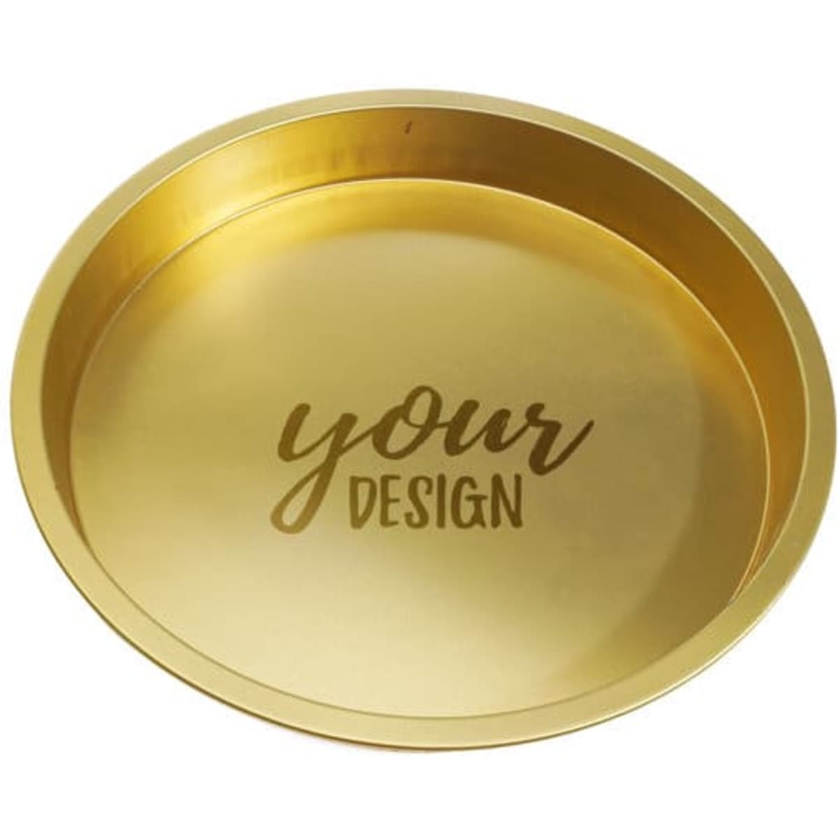 A round gold tinplate bar tray with a smooth, reflective surface and a space for custom design.