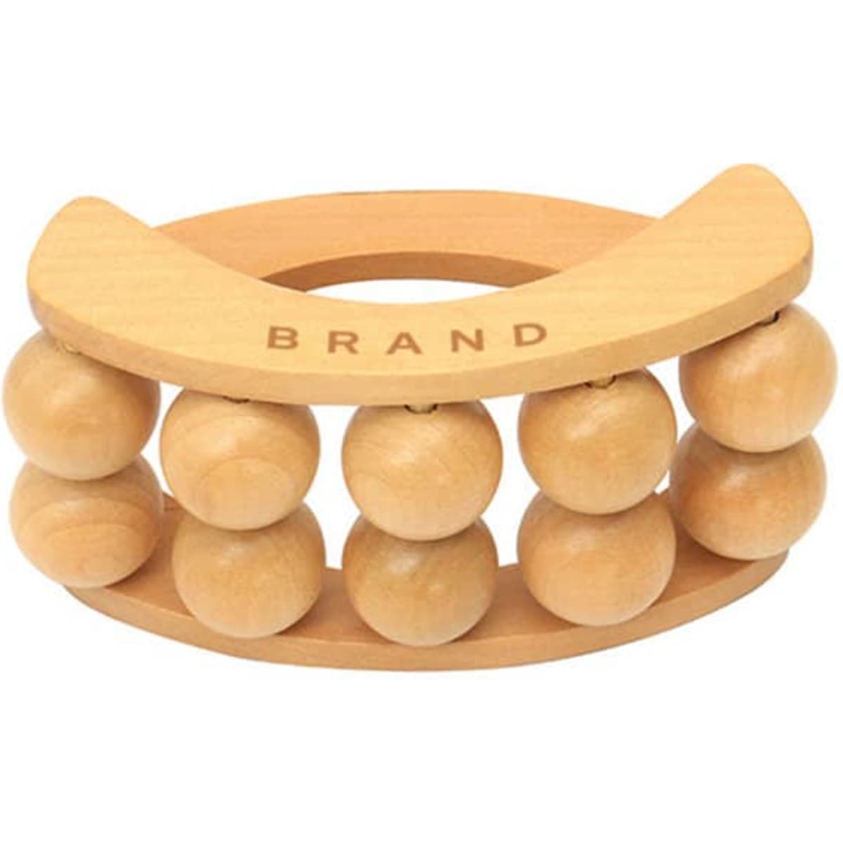 A wooden rolling ball back massager in a natural wood finish, featuring multiple smooth balls on a curved base.