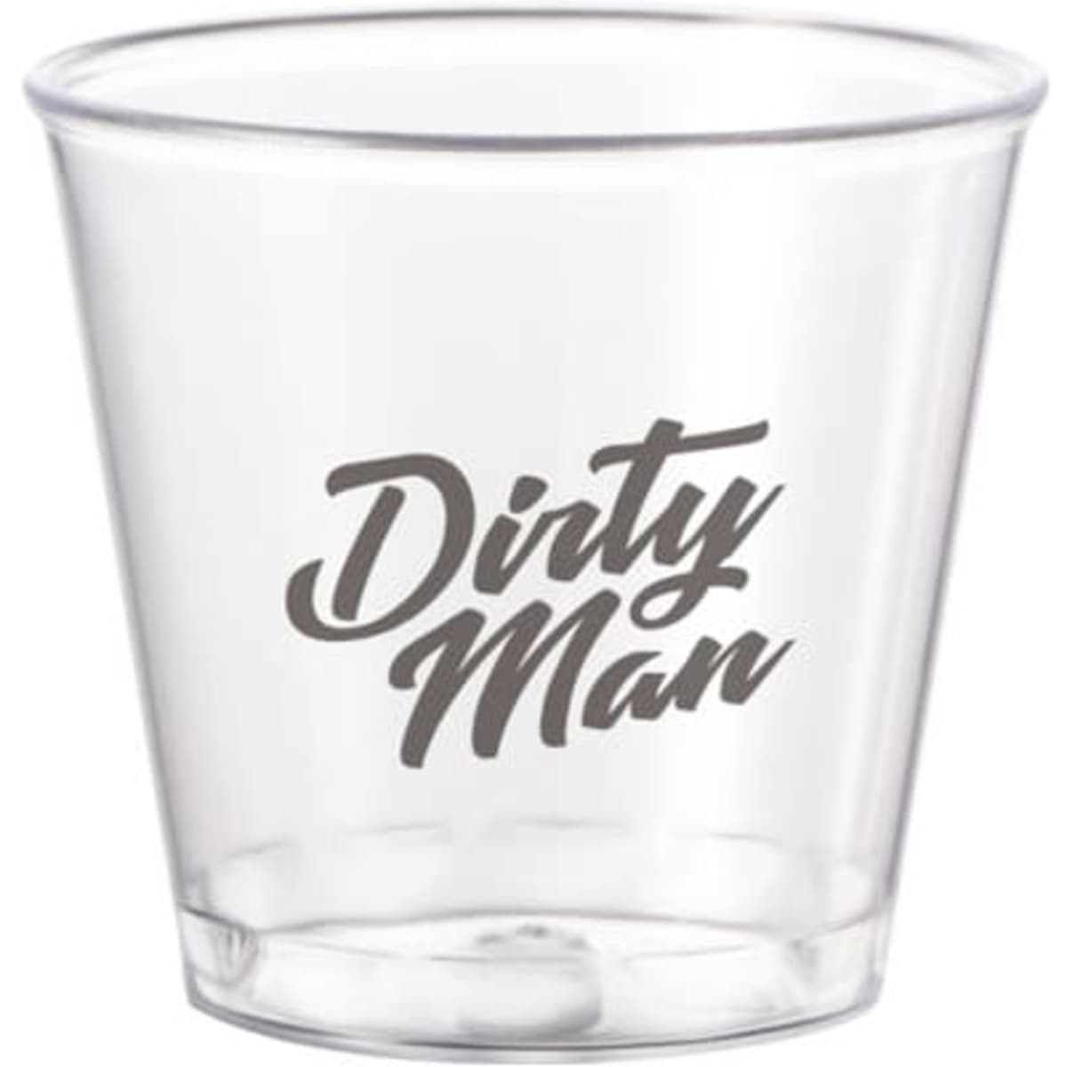 A clear disposable plastic cup with a printed design and a logo.