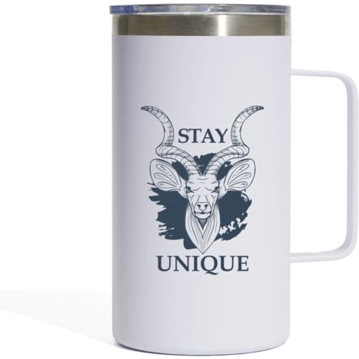 A drink bottle featuring a white stainless steel design with a handle and a logo depicting a goat's head.