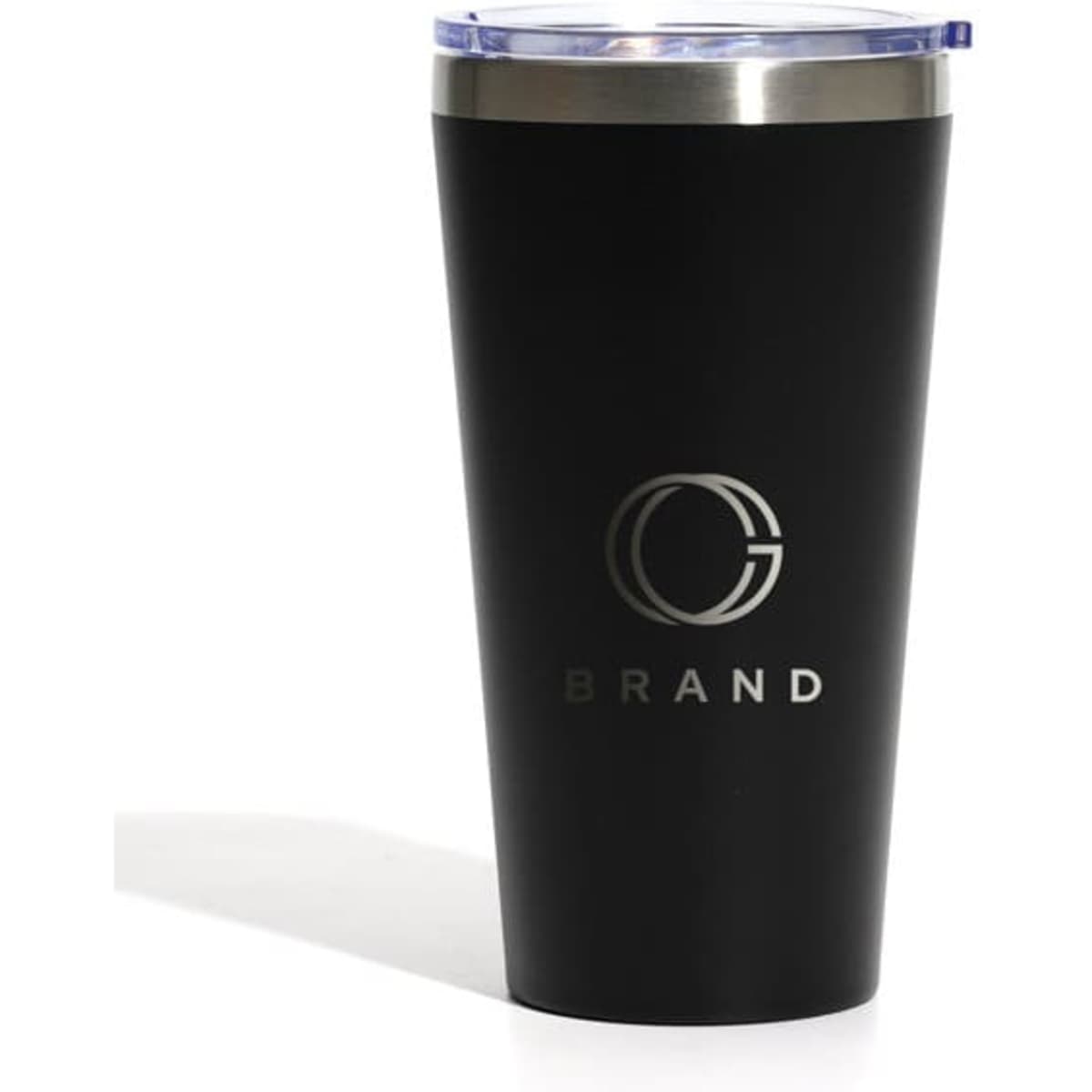A drink bottle featuring a black stainless steel design with a silver lid and a logo.