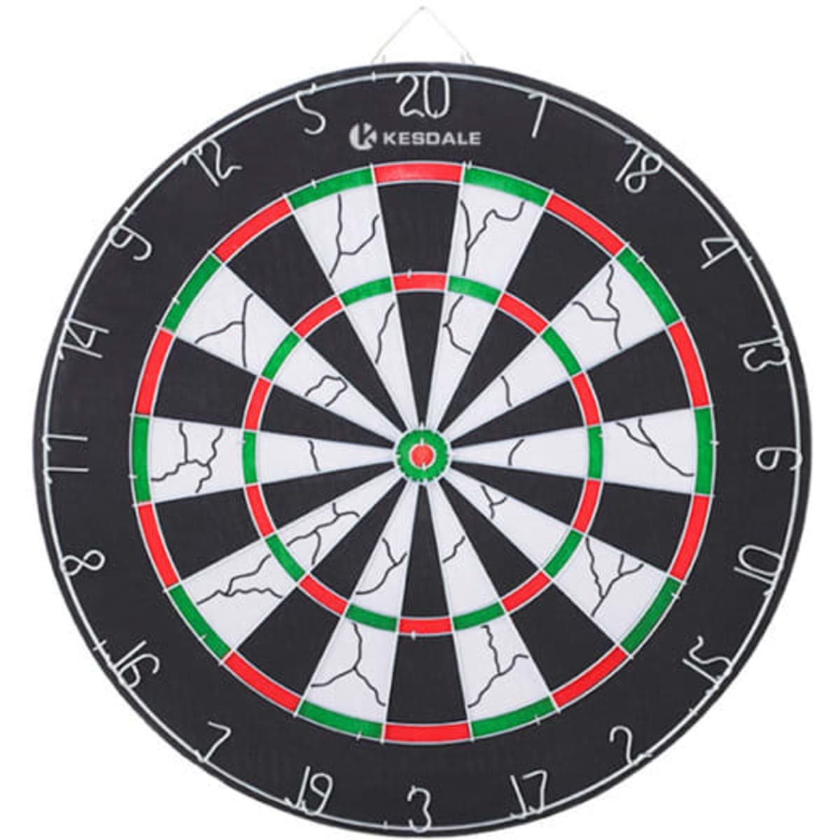 A double-sided dart board in black, white, green, and red, featuring a circular design with numbered sections and a logo.