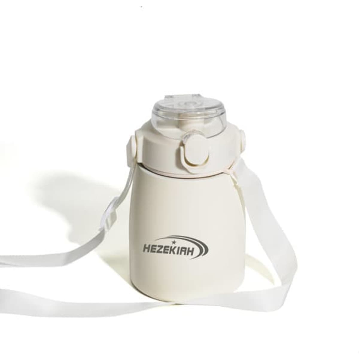 A drink bottle in cream colour with a clear lid and a strap, featuring a logo.
