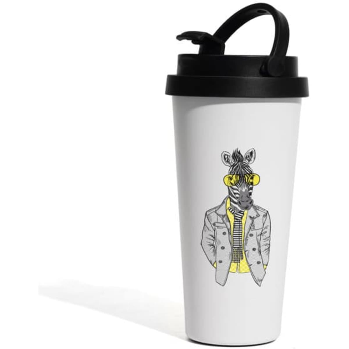 A stainless steel mug with a black carrying handle and a whimsical zebra design in grey and yellow.