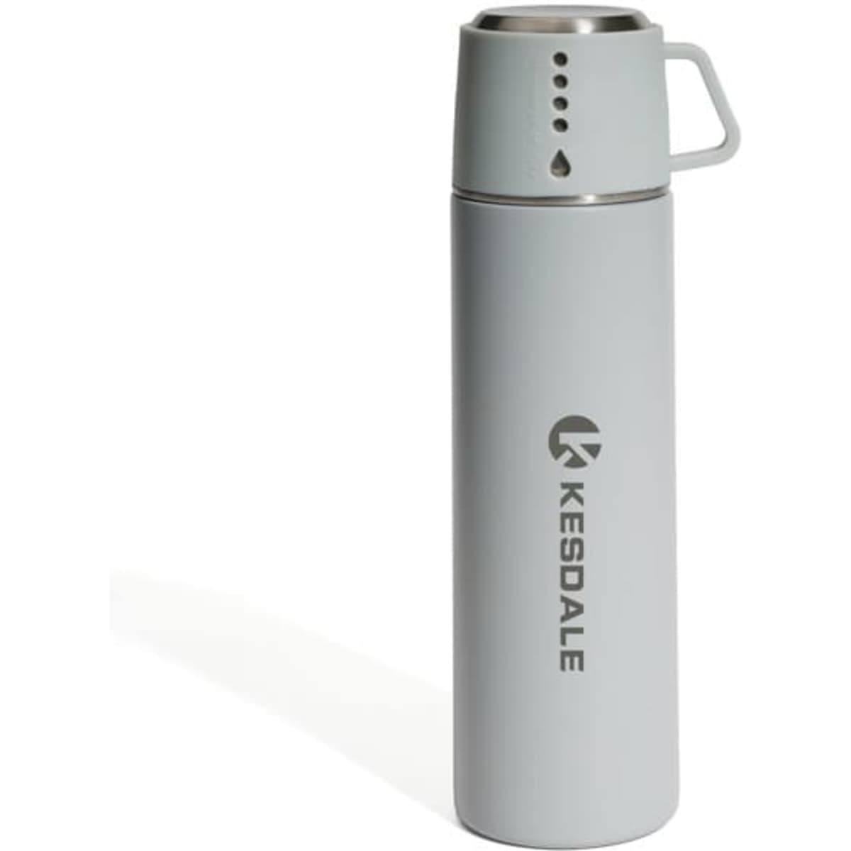 A drink bottle in light grey with a cup attached and a logo on the side, designed for insulation and durability.