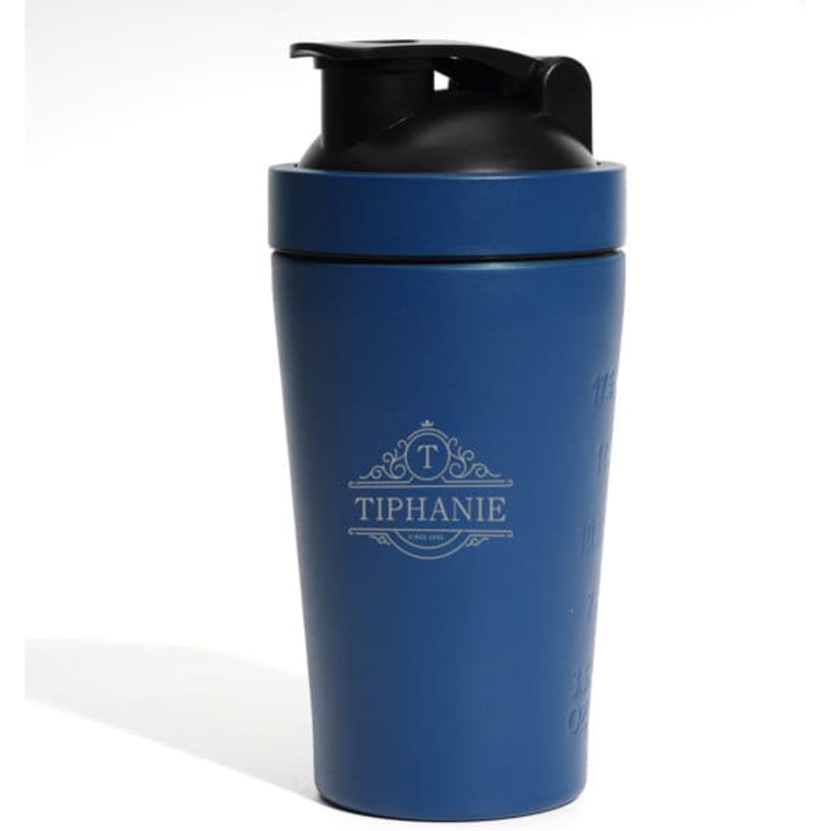A drink bottle in matte blue with a black leakproof lid and a logo on the front.
