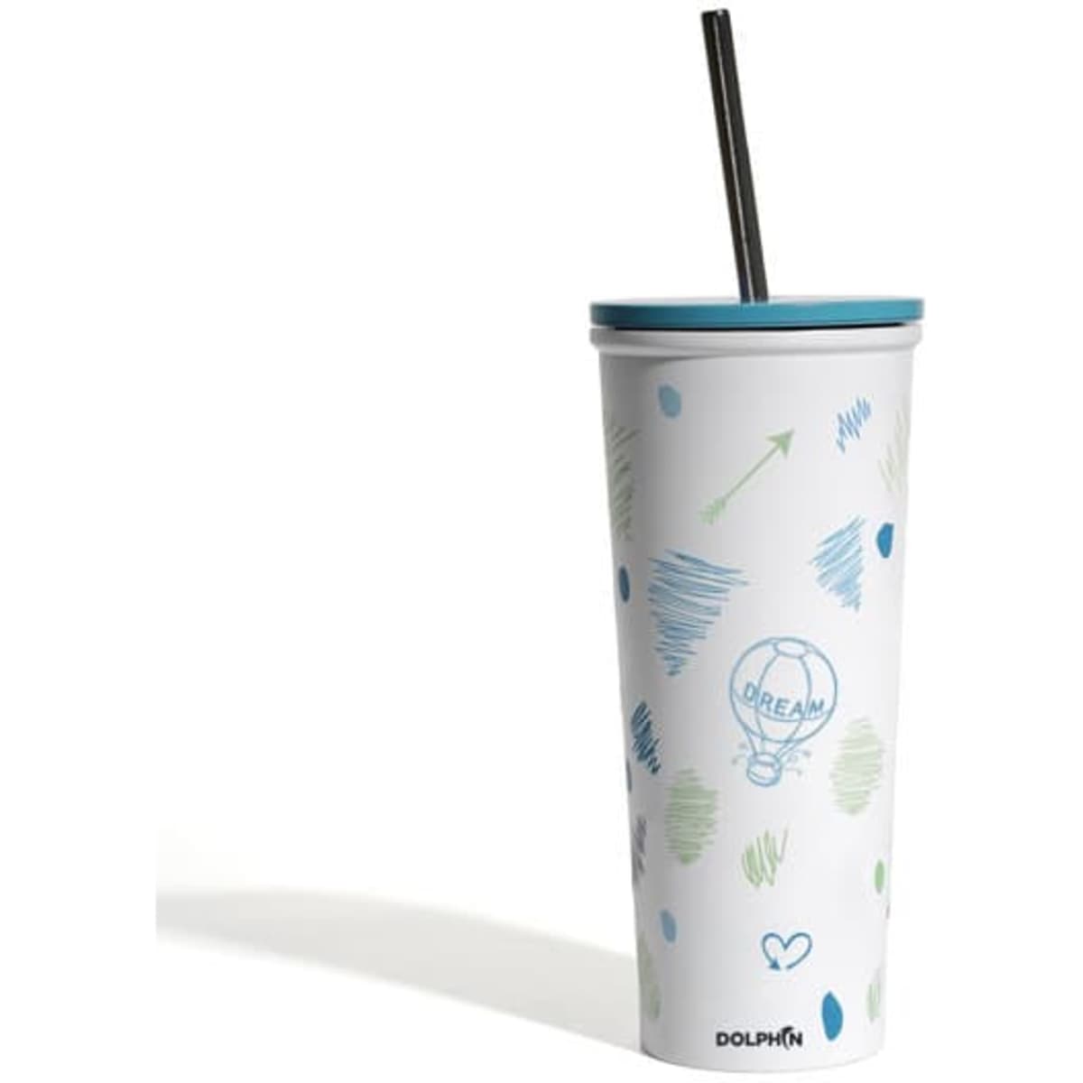 A drink bottle featuring a white design with blue and green patterns, a black straw, and a blue lid.
