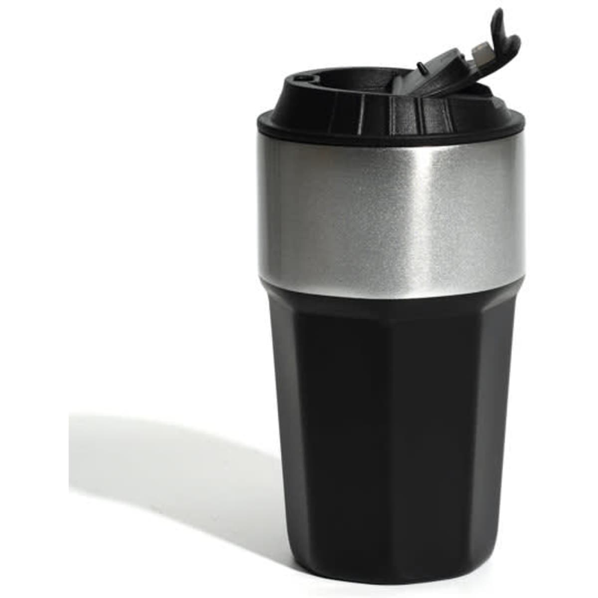 A stainless steel coffee cup with a black body and silver band, featuring a lid with a spout and a logo.